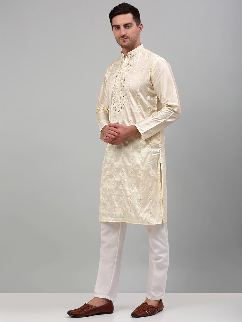 cream silk blend kurta pyjama ethnic wear set - 20024825 -  Standard Image - 1
