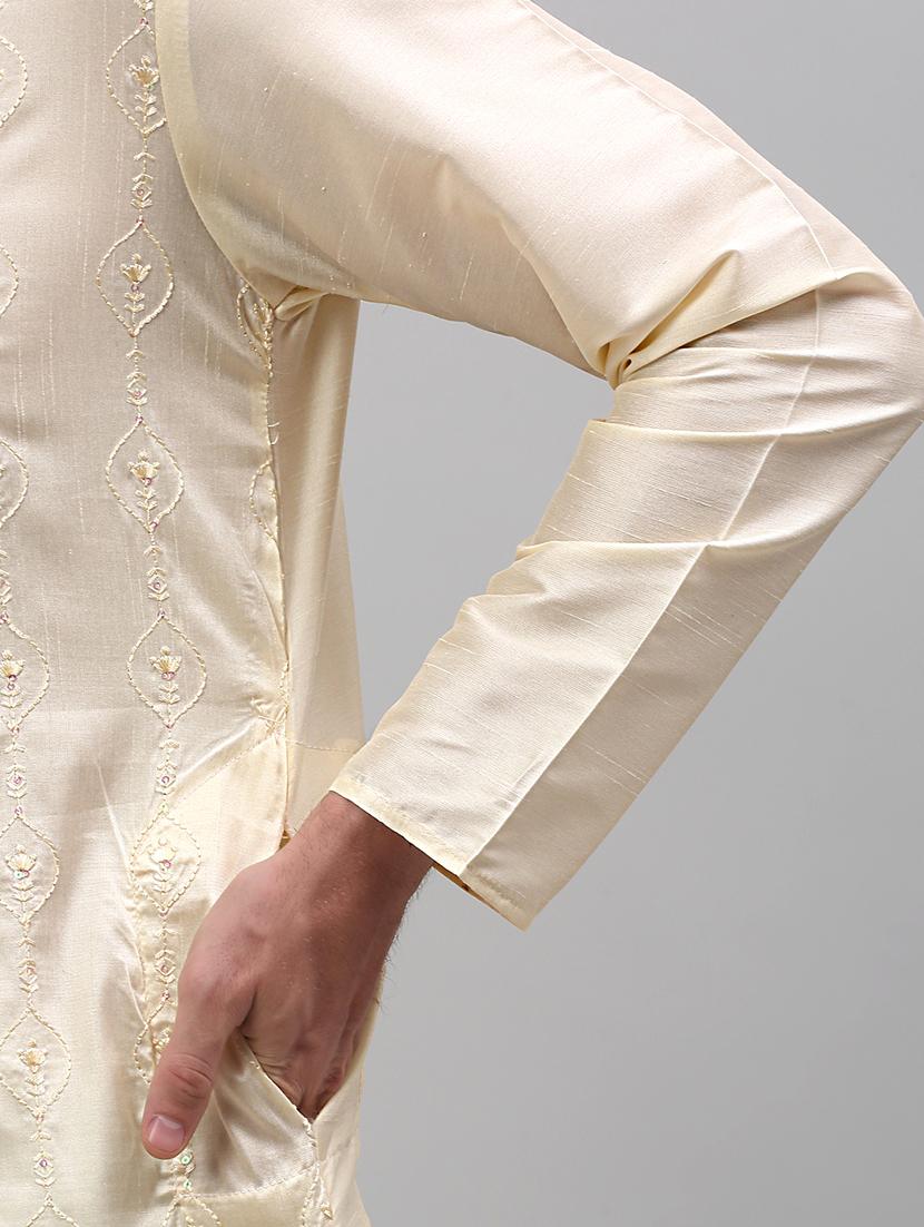 cream silk blend kurta pyjama ethnic wear set - 20024825 - Standard Image - 4