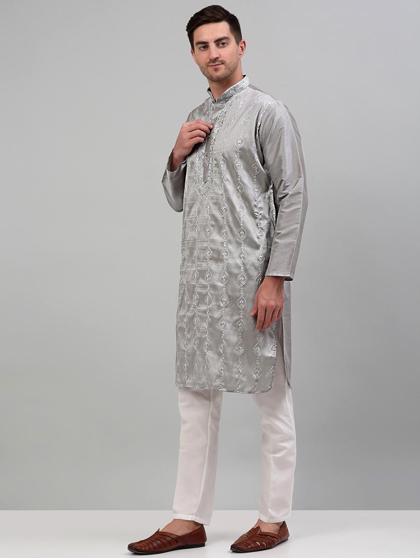 grey silk blend kurta pyjama ethnic wear set - 20024826 -  Standard Image - 1