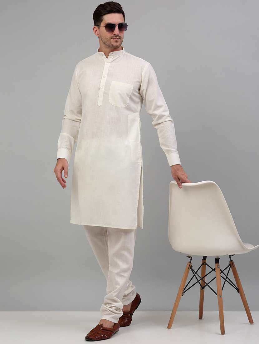 white cotton blend kurta pyjama ethnic wear set