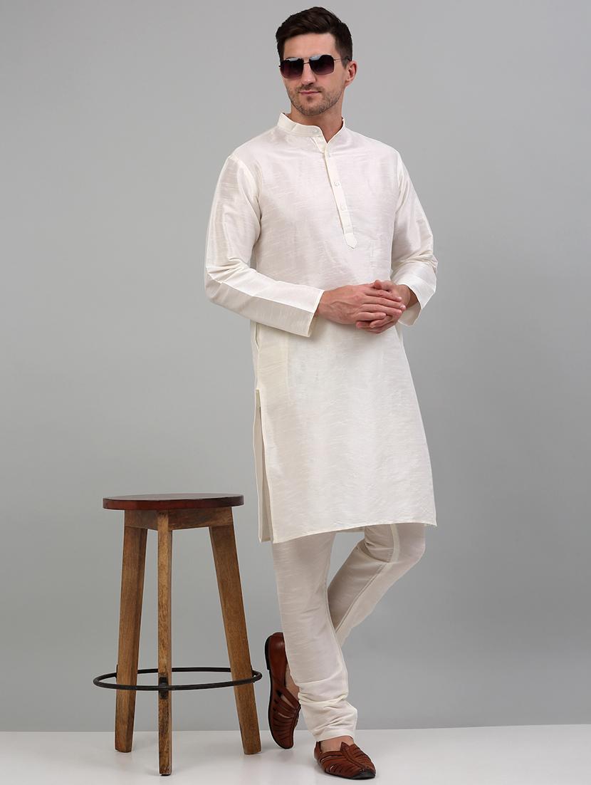 white dupion kurta pyjama ethnic wear set - 20024835 - Zoom Image - 0