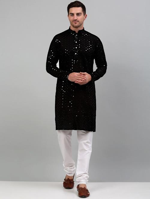 black cotton kurta pyjama ethnic wear set - 20024836 - Standard Image - 0
