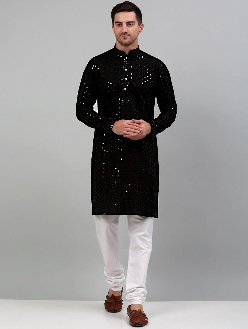 black cotton kurta pyjama ethnic wear set - 20024836 - Zoom Image - 0