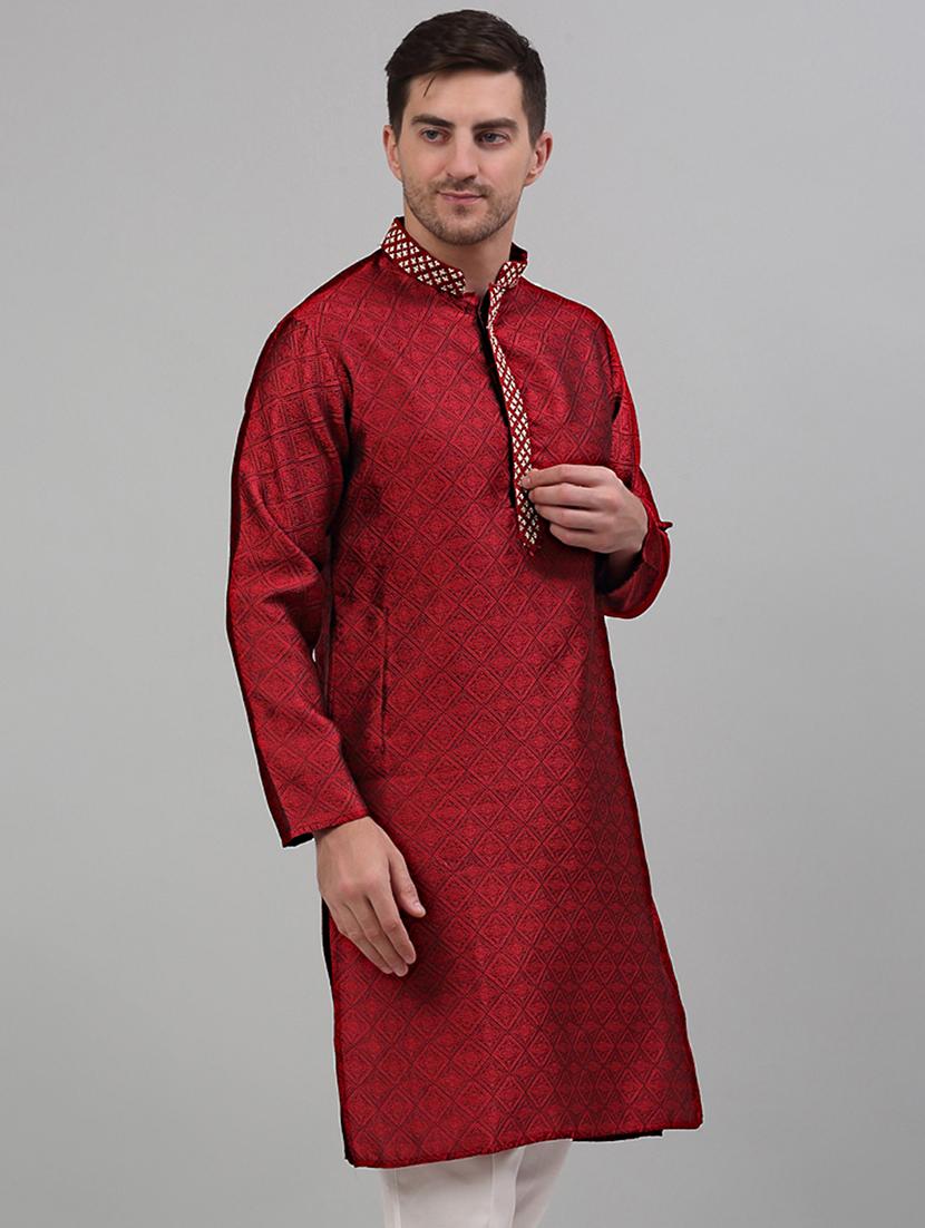 red silk blend long kurta - 20024859 - Standard Image - 1