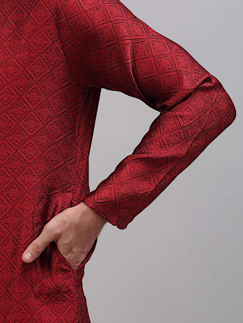 red silk blend long kurta - 20024859 - Standard Image - 4