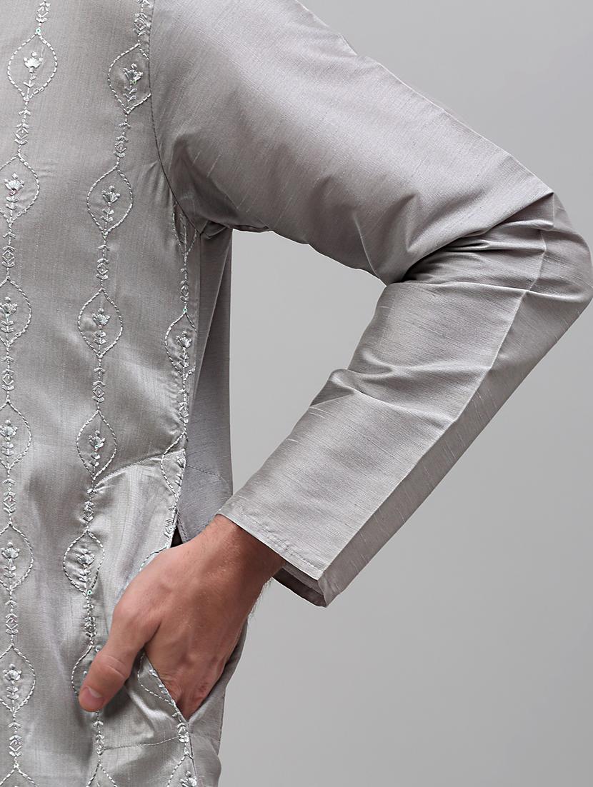 grey silk blend long kurta - 20024861 - Standard Image - 4