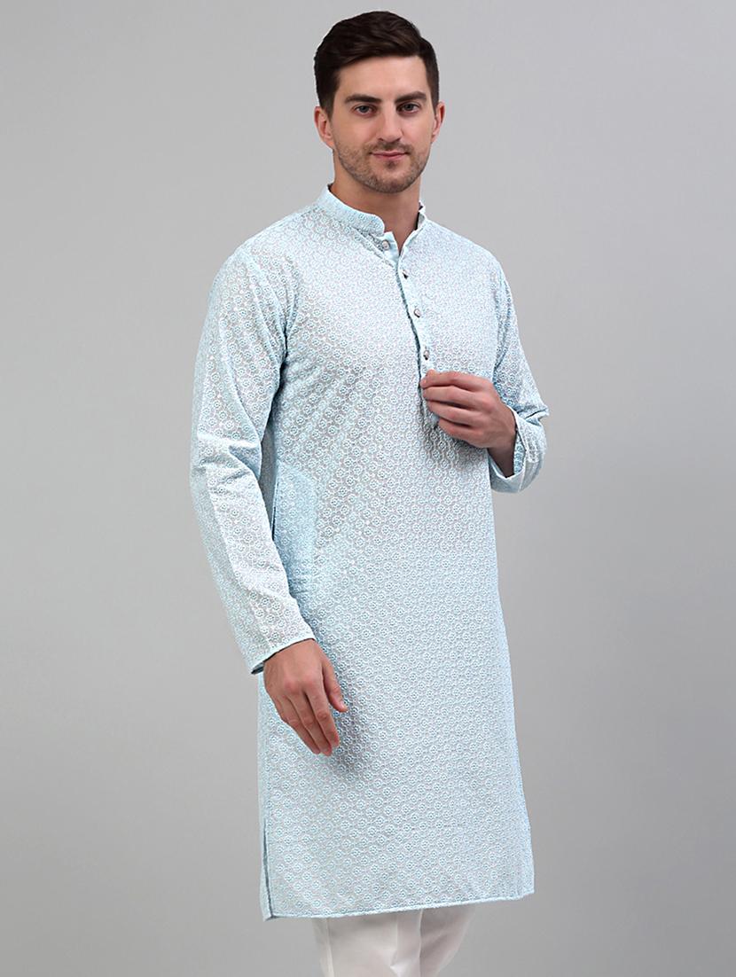 light blue cotton long kurta - 20024868 - Standard Image - 1
