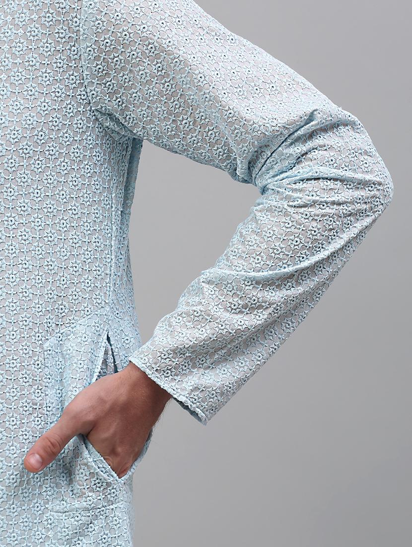 light blue cotton long kurta - 20024868 - Standard Image - 4