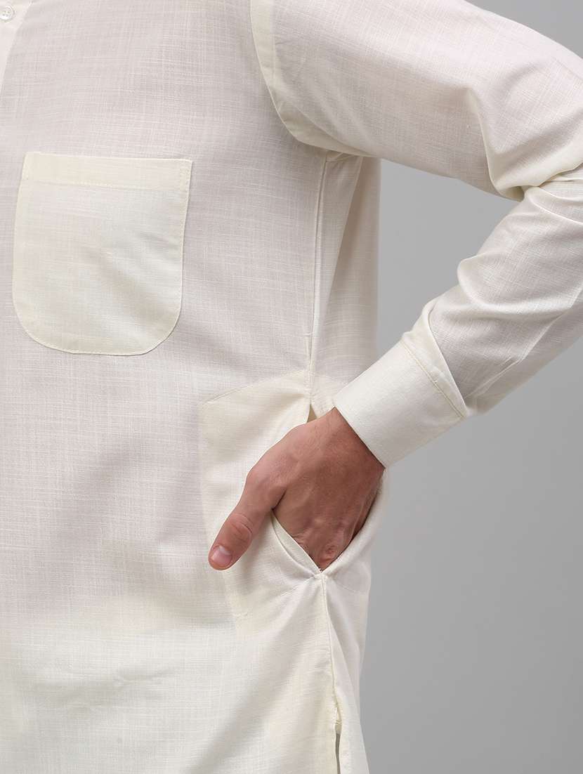 white cotton blend long kurta - 20024869 -  Standard Image - 4