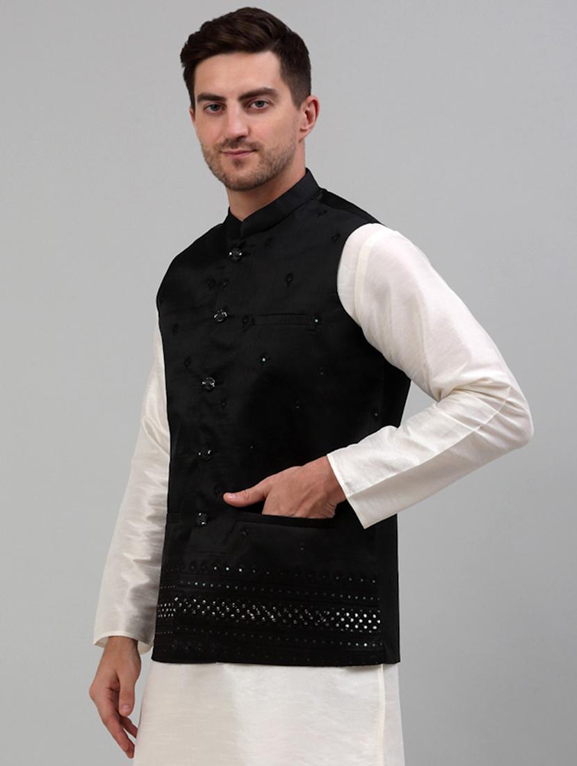 black embroidered nehru jacket - 20024878 - Standard Image - 1