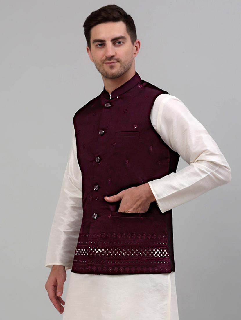 purple silk blend nehru jacket - 20024880 - Standard Image - 1