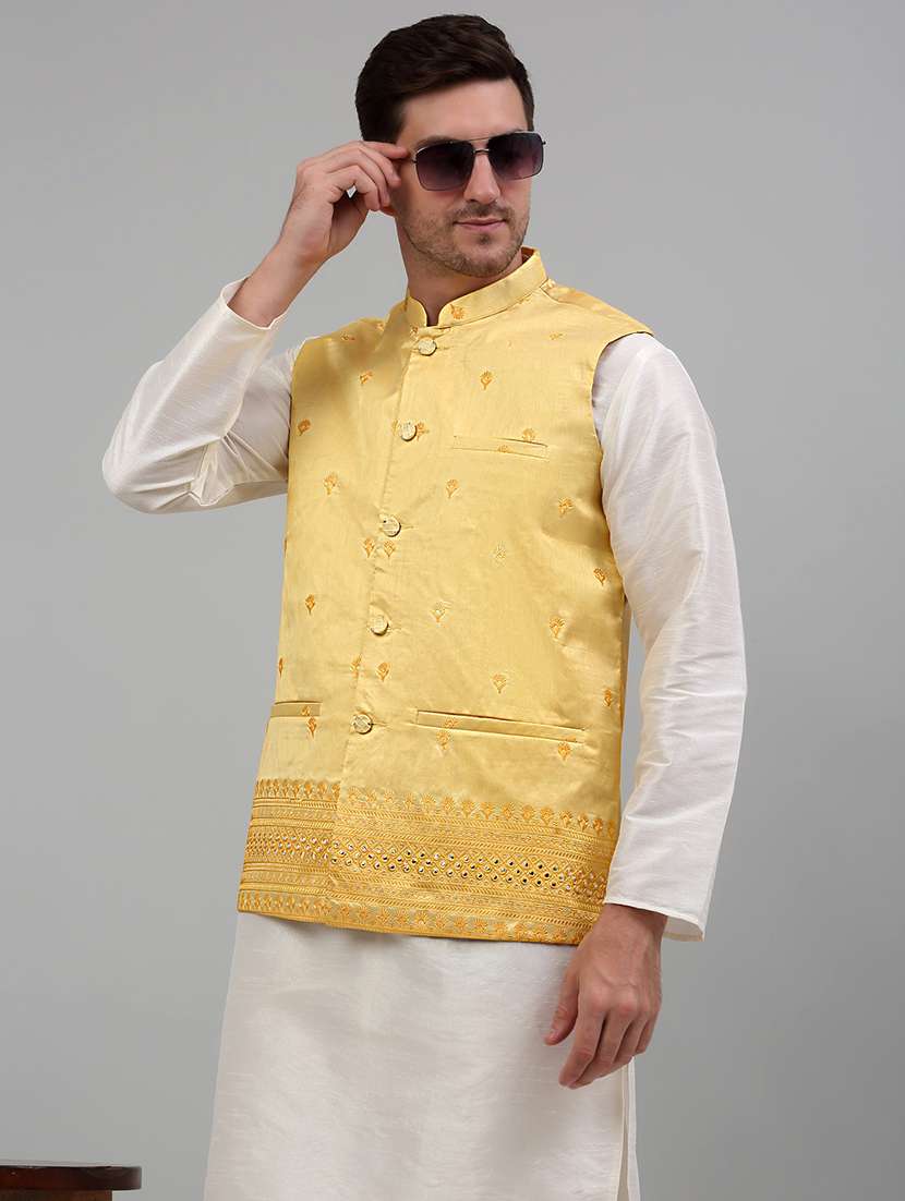yellow silk blend nehru jacket - 20024882 -  Standard Image - 1