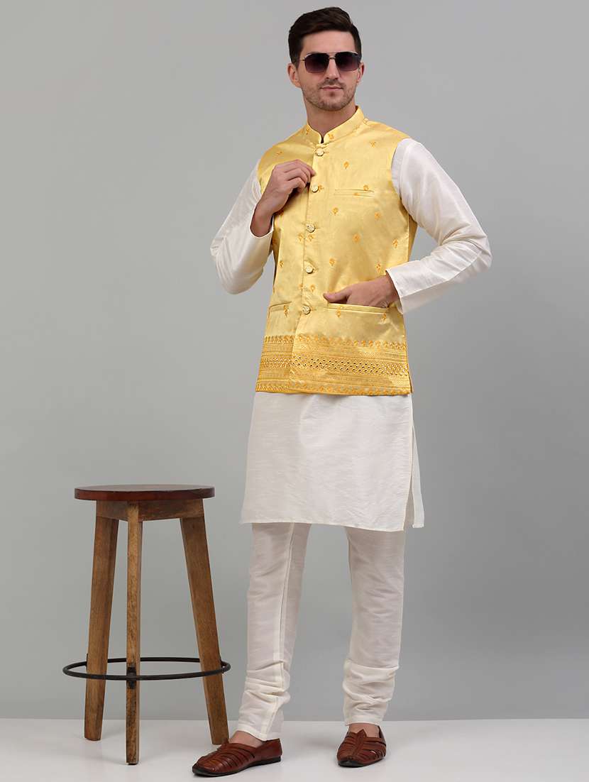 yellow silk blend nehru jacket - 20024882 -  Standard Image - 4