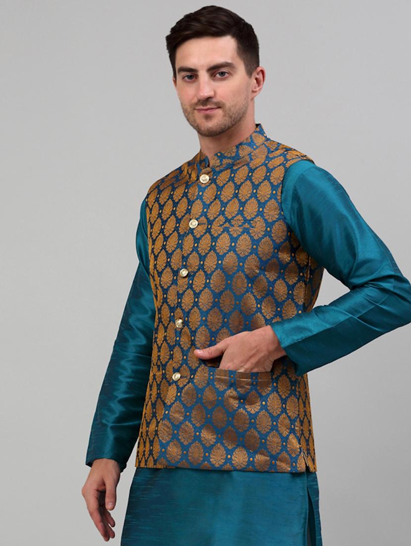 blue silk blend nehru jacket - 20024885 - Standard Image - 1