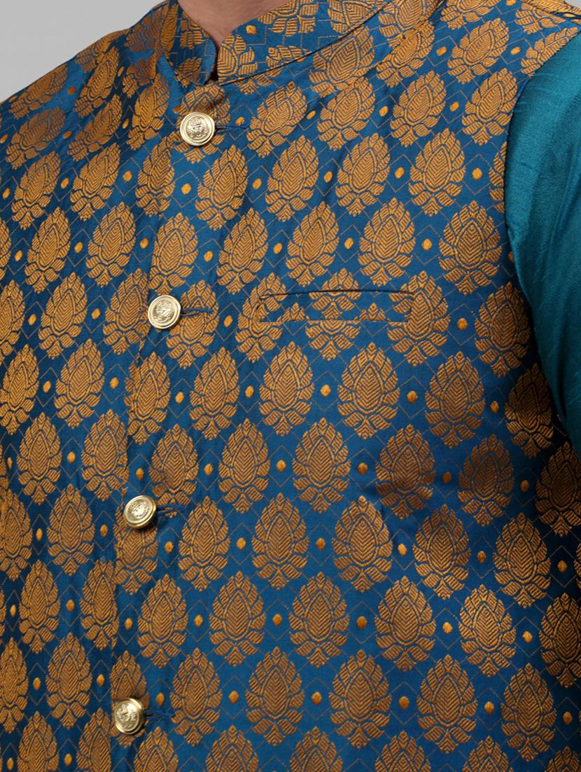 blue silk blend nehru jacket - 20024885 - Standard Image - 4