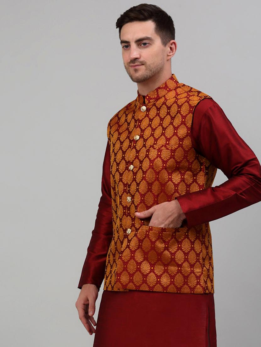 red silk blend nehru jacket - 20024886 -  Standard Image - 1