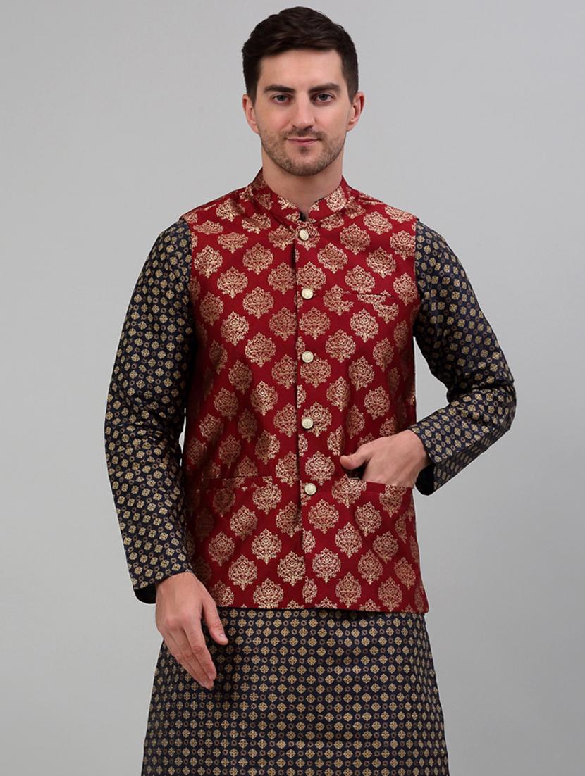 red silk blend nehru jacket - 20024889 -  Zoom Image - 0