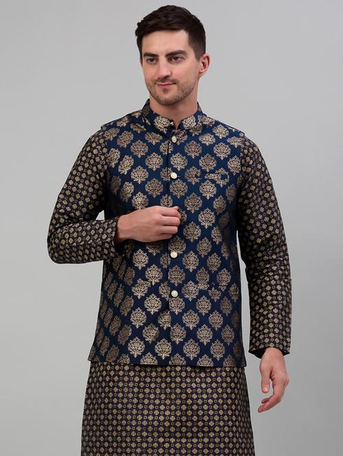 navy blue silk blend nehru jacket - 20024890 - Standard Image - 0