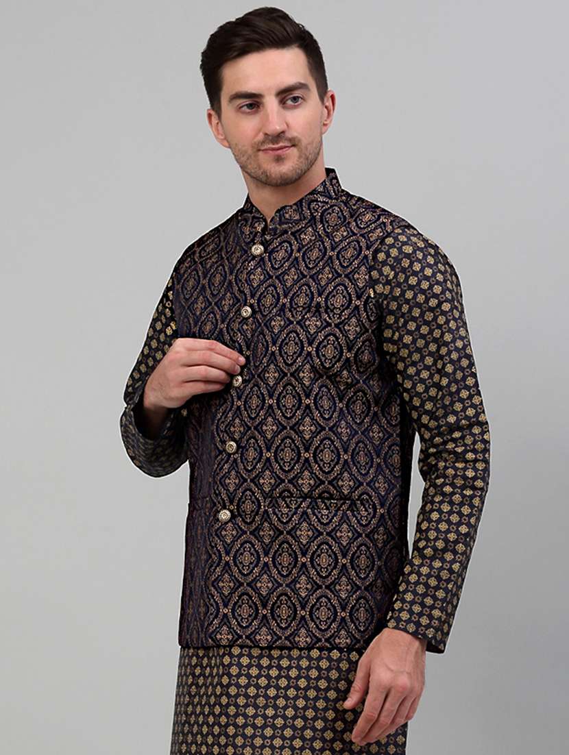 navy blue silk blend nehru jacket - 20024891 -  Standard Image - 1