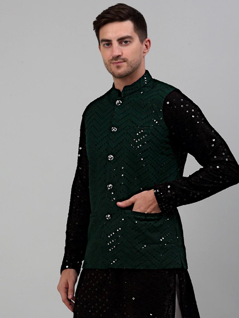 green rayon nehru jacket - 20024895 - Standard Image - 1