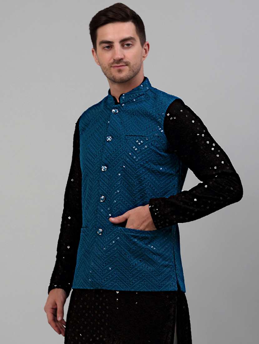 blue rayon nehru jacket - 20024896 -  Standard Image - 1