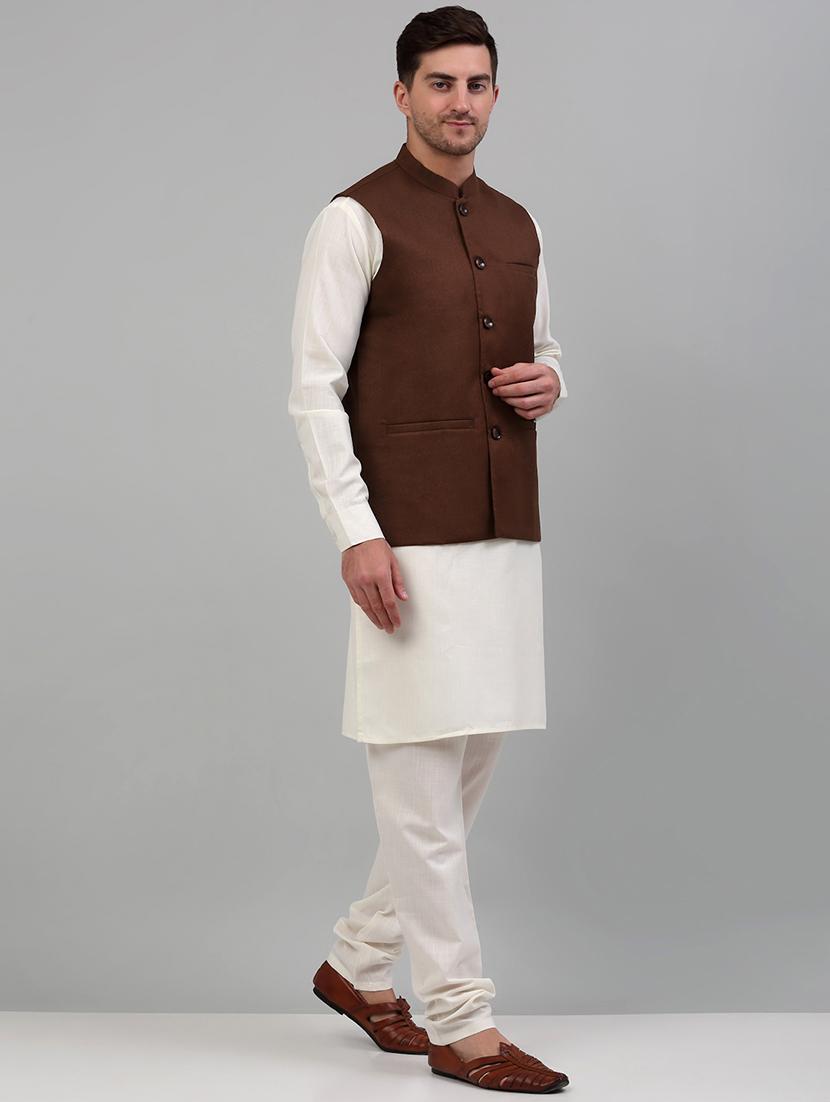 brown cotton blend kurta pyjama with jacket ethnic wear set - 20024898 - Standard Image - 1
