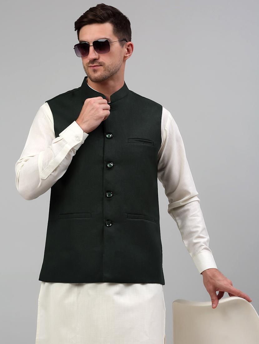 olive cotton blend kurta pyjama with jacket ethnic wear set - 20024899 - Standard Image - 4