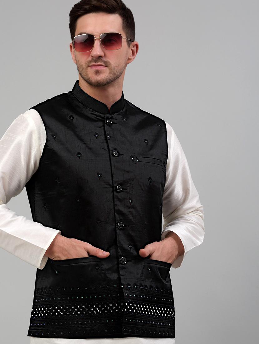 black silk blend kurta pyjama with jacket ethnic wear set - 20024903 - Standard Image - 4