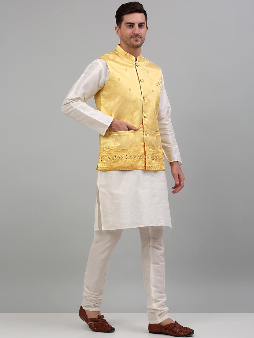 yellow silk blend kurta pyjama with jacket ethnic wear set - 20024907 - Standard Image - 1