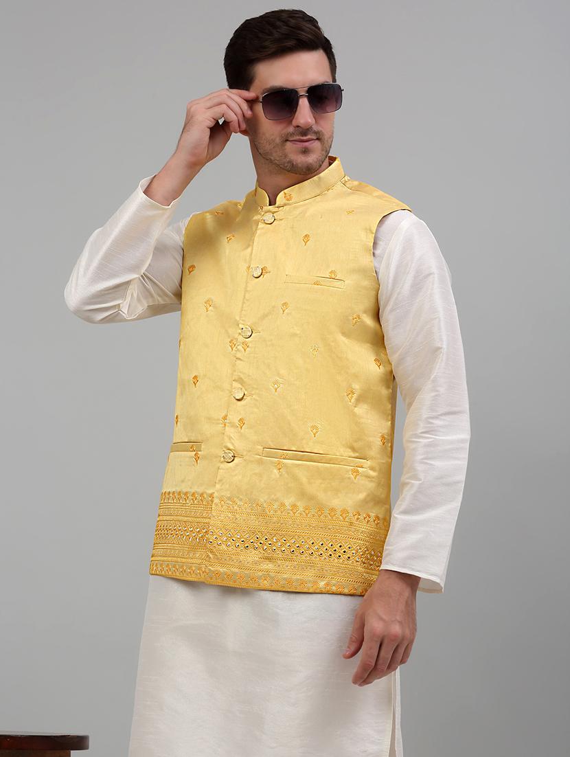 yellow silk blend kurta pyjama with jacket ethnic wear set - 20024907 - Standard Image - 4