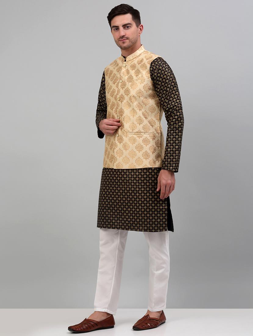 cream silk blend kurta pyjama with jacket ethnic wear set - 20024911 -  Standard Image - 1