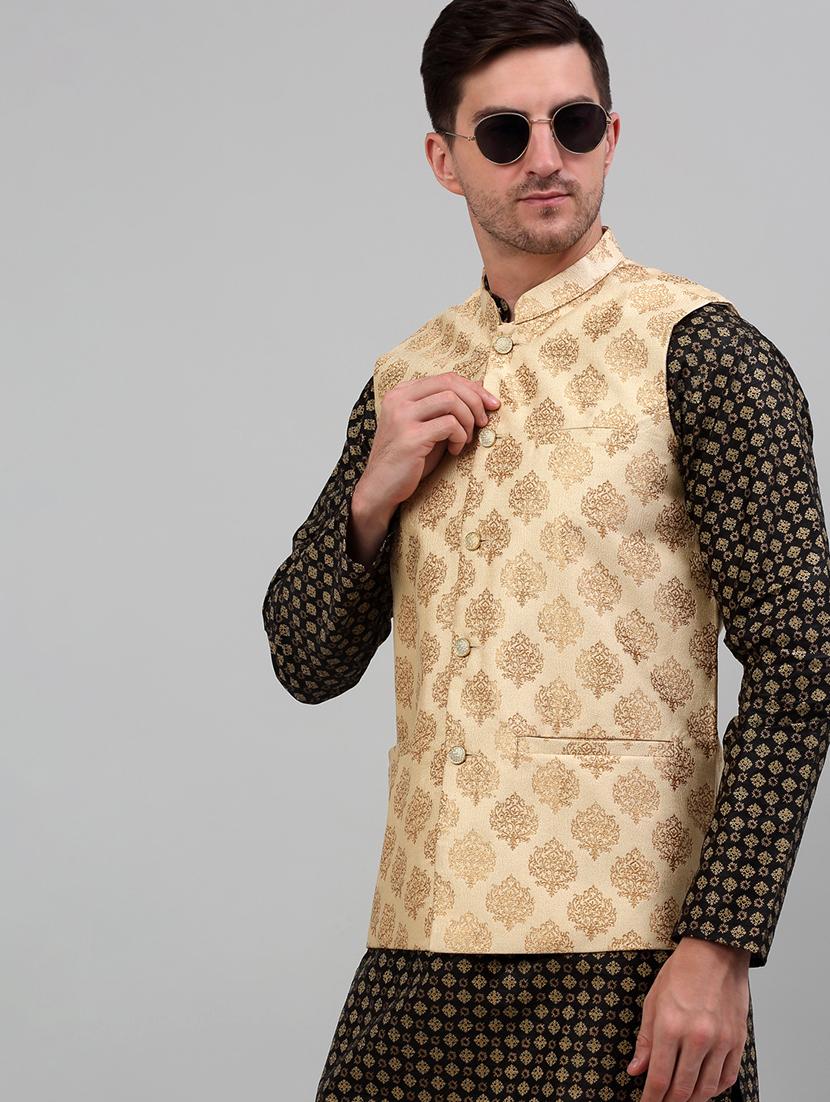 cream silk blend kurta pyjama with jacket ethnic wear set - 20024911 - Standard Image - 4