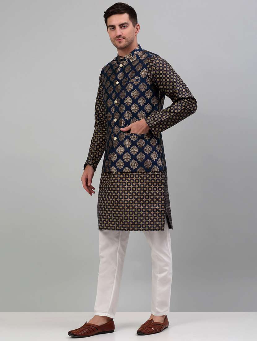 navy silk blend kurta pyjama with jacket ethnic wear set - 20024913 - Standard Image - 1