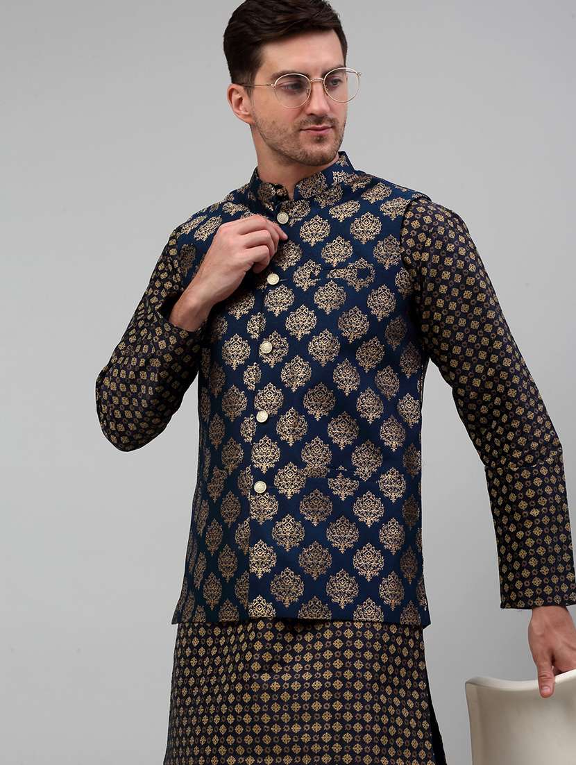 navy silk blend kurta pyjama with jacket ethnic wear set - 20024913 - Standard Image - 4