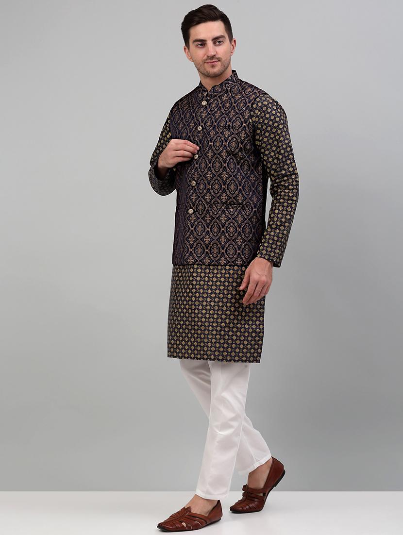 brown silk blend kurta pyjama with jacket ethnic wear set - 20024914 - Standard Image - 1