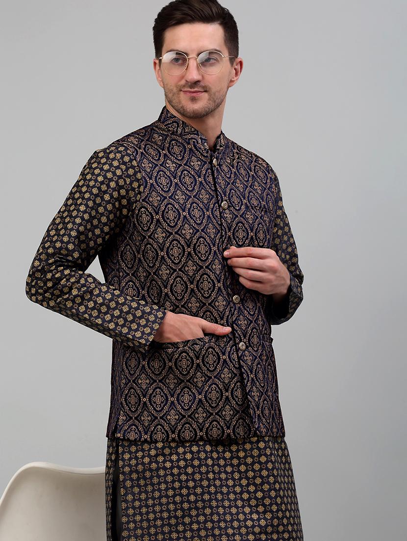 brown silk blend kurta pyjama with jacket ethnic wear set - 20024914 - Standard Image - 4