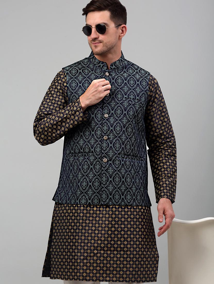 teal silk blend kurta pyjama with jacket ethnic wear set - 20024917 - Standard Image - 4