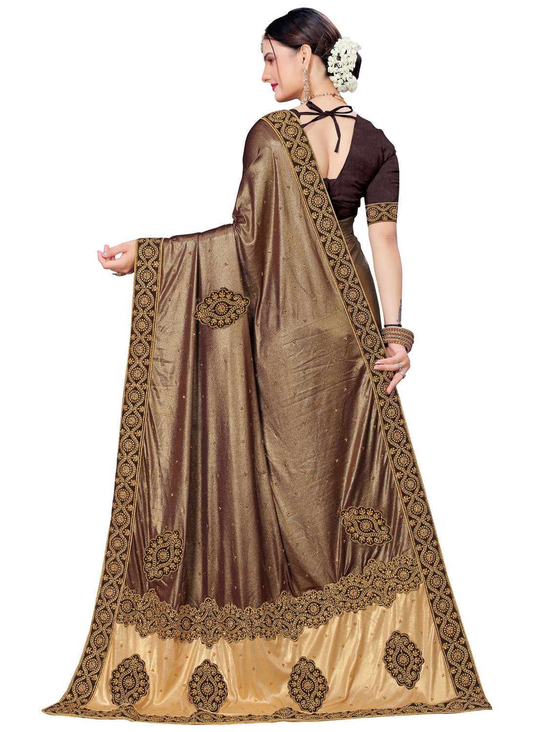 brown lycra blend embroidered saree with blouse - 20025250 -  Standard Image - 1