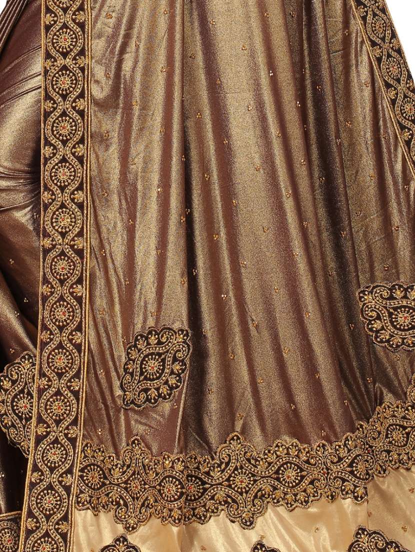 brown lycra blend embroidered saree with blouse - 20025250 - Standard Image - 4