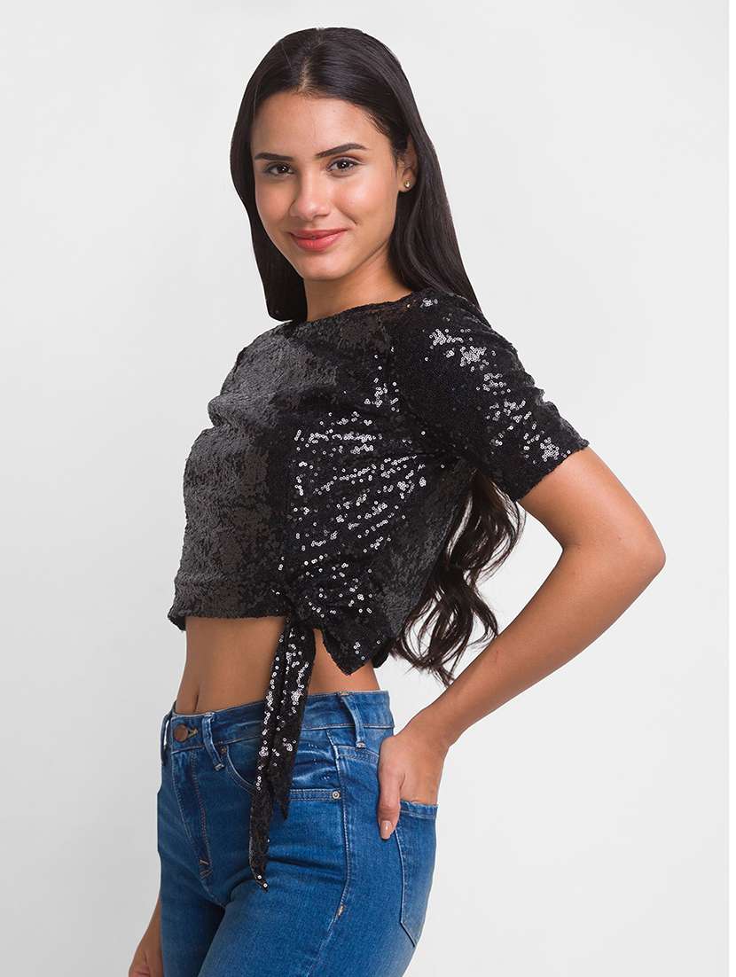 women black sequin work crop top - 20025294 -  Standard Image - 1