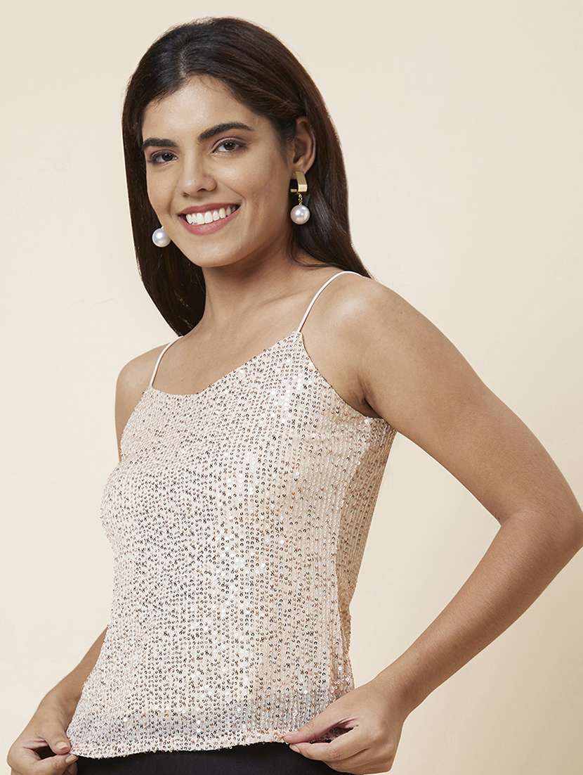 globus women cream strappy shoulder sequinned party top - 20025435 -  Standard Image - 1
