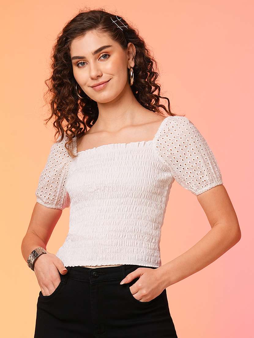 globus women white square neck smocked cotton schiffli crop top
