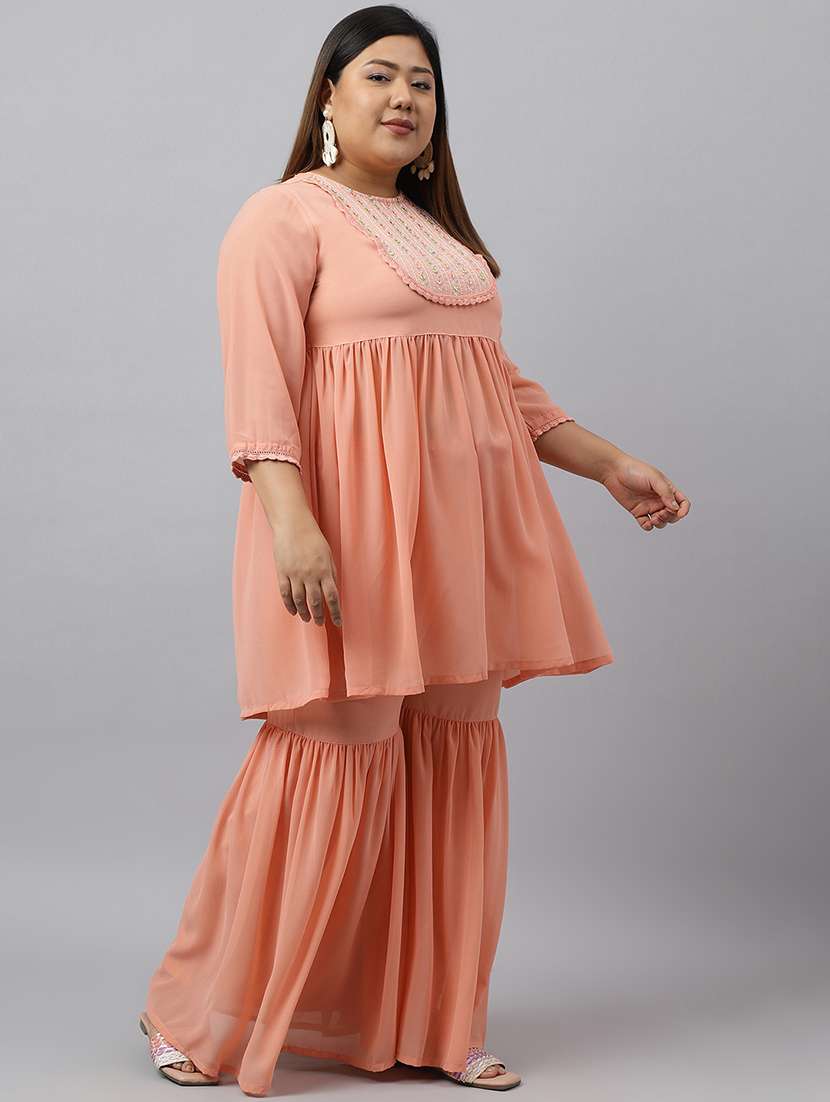 Peach Round Neck Kurta Sharara Set - 20025463 -  Standard Image - 1