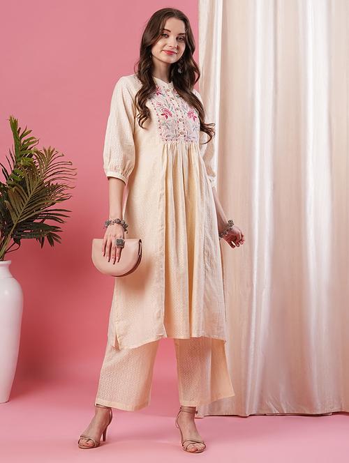 globus women off white floral embroidered yoke gathered a-line kurta & palazzos set - 20026473 -  Standard Image - 0