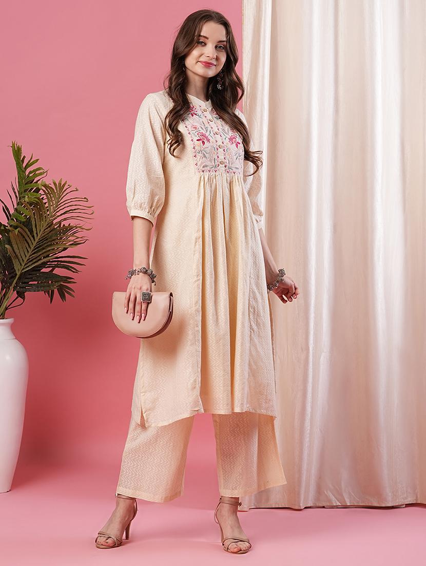 globus women off white floral embroidered yoke gathered a-line kurta & palazzos set - 20026473 -  Zoom Image - 0