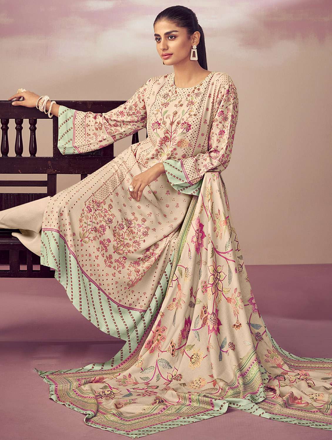 beige round neck unstitched suits - 20027673 - Standard Image - 1