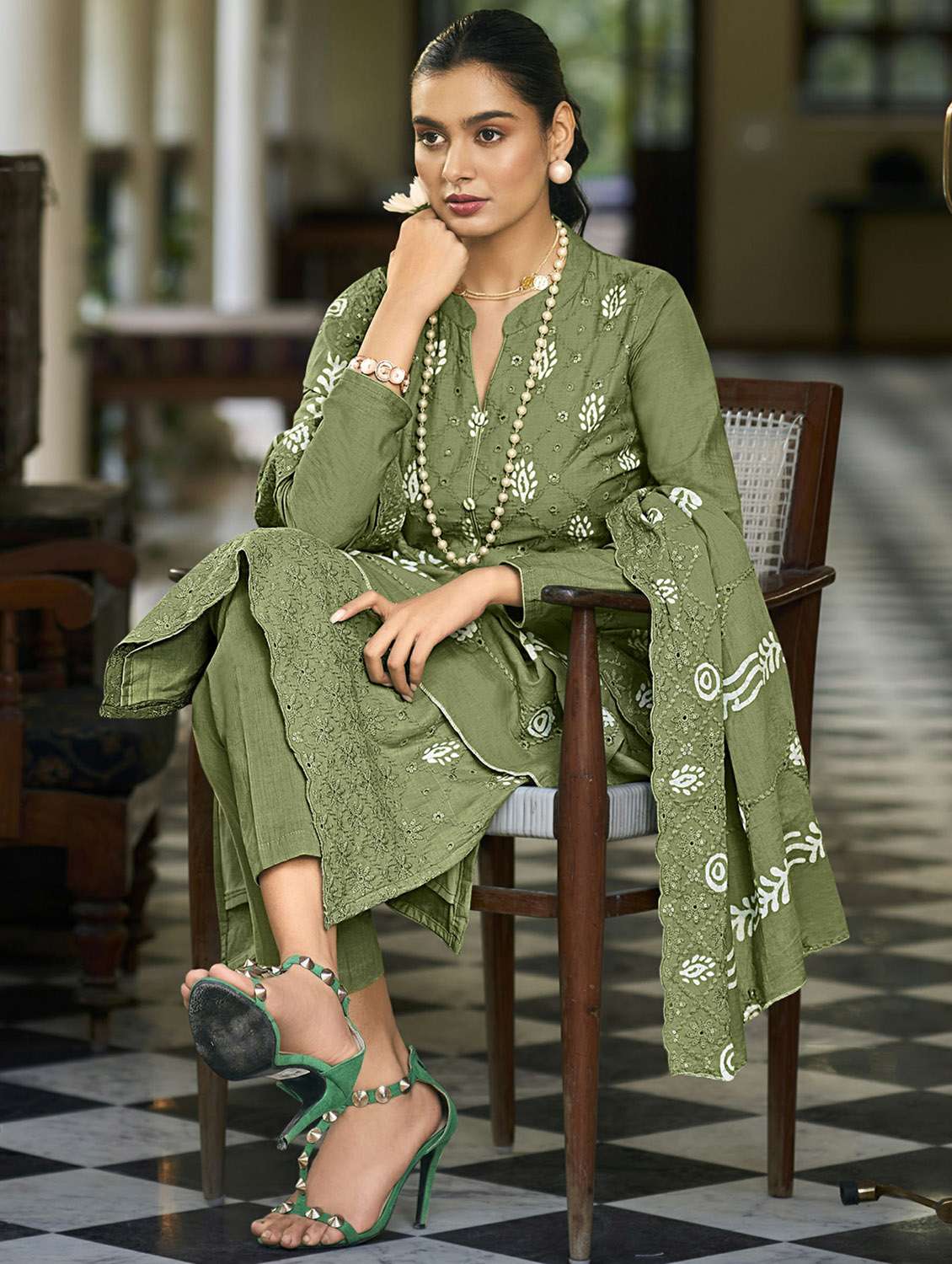 olive mandarin neck unstitched suits - 20027684 - Standard Image - 1