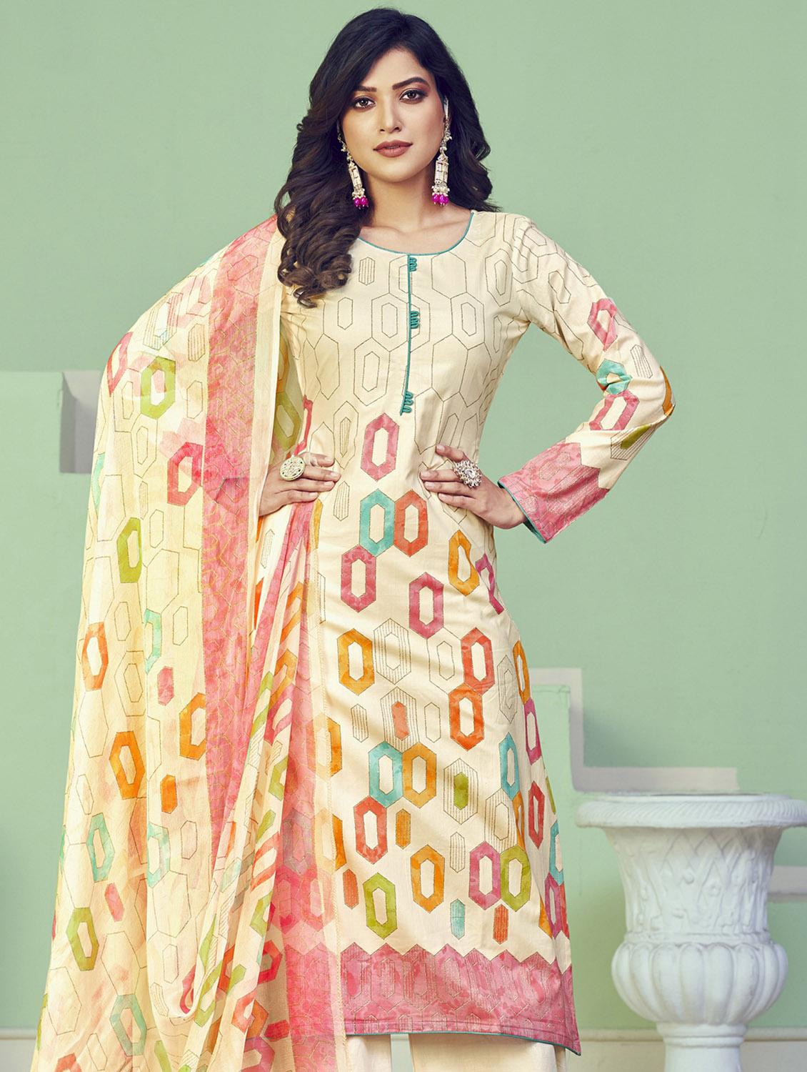 cream round neck unstitched suits - 20027688 - Standard Image - 1