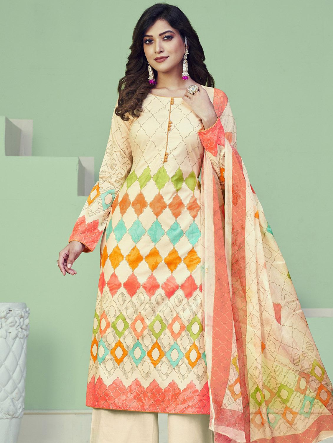 cream round neck unstitched suits - 20027689 - Standard Image - 1