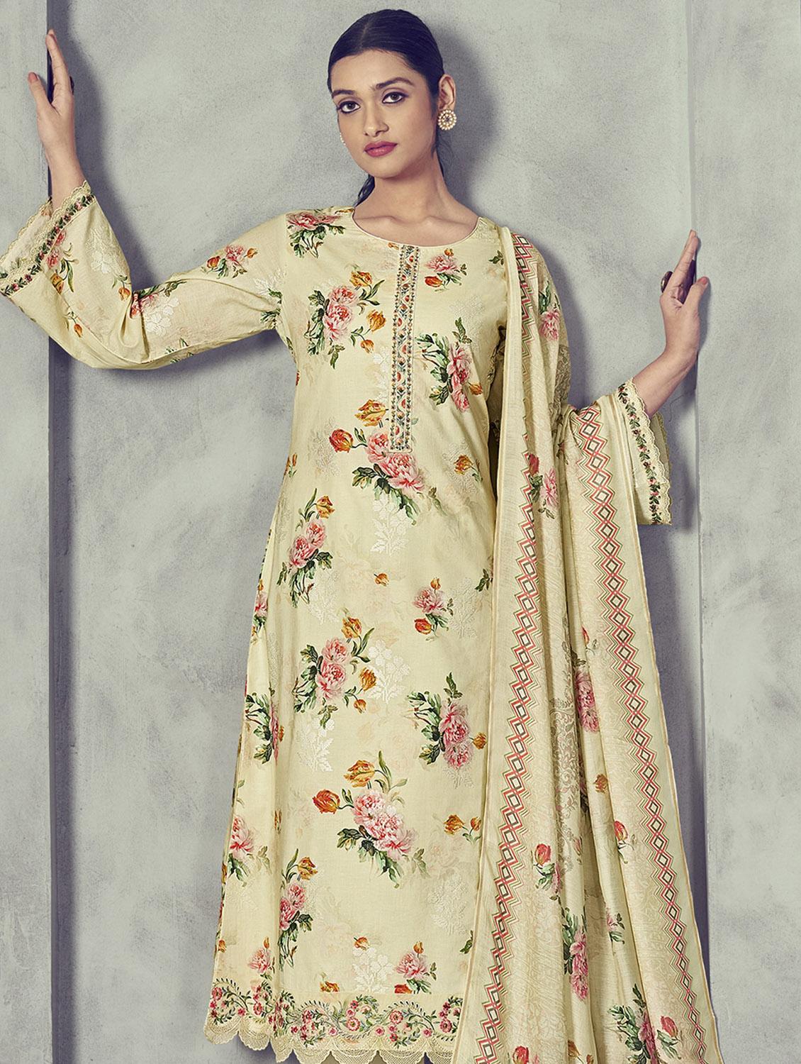 yellow round neck unstitched suits - 20027694 - Standard Image - 1